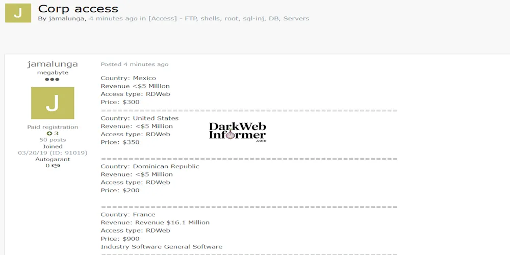 Multiple Corporate RDWeb Access Listings Offered for Sale