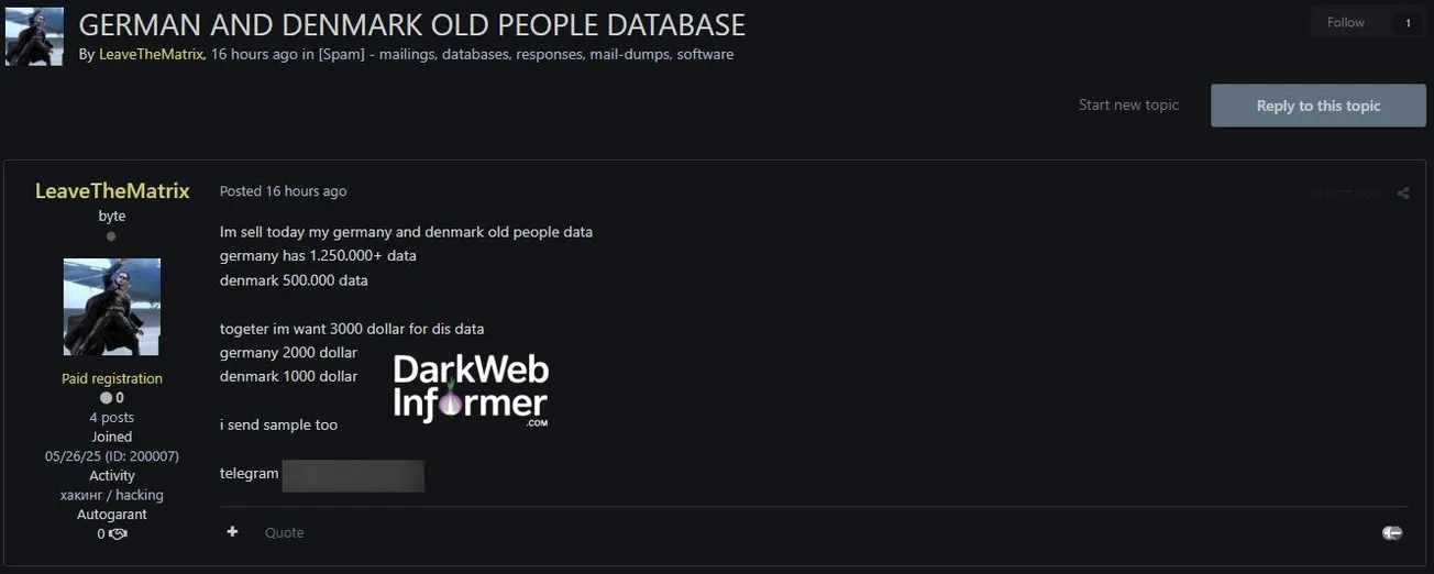 Alleged sale of senior citizen data from Germany and Denmark