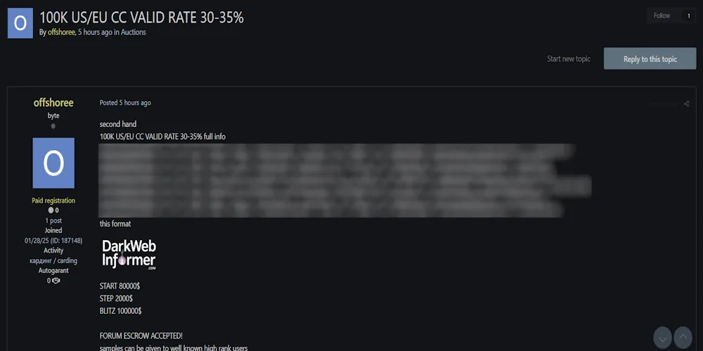 Alleged Sale of 100,000 Credit Cards