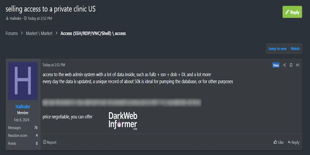 Alleged Sale of Web Admin Access to a Private Clinic in the USA