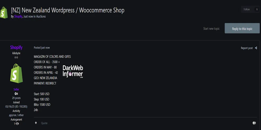 Alleged sale of unauthorized access to an unidentified E-Commerce store in New Zealand