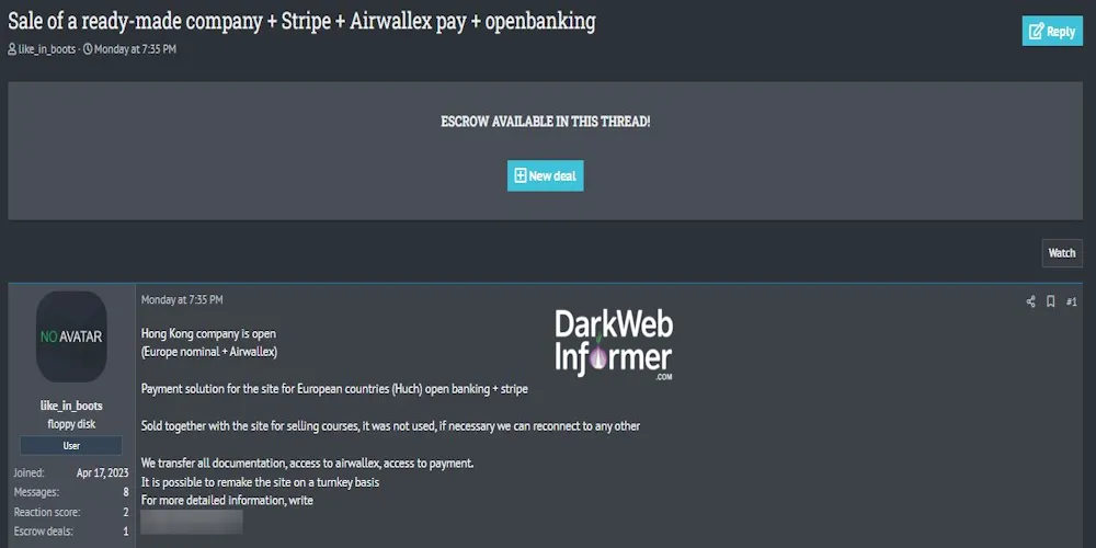 Alleged Sale of Data from an Unidentified Company in Hong Kong