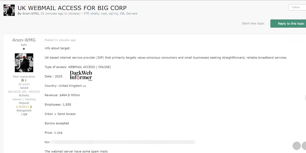 Alleged Sale of Webmail Access to an Unidentified UK ISP