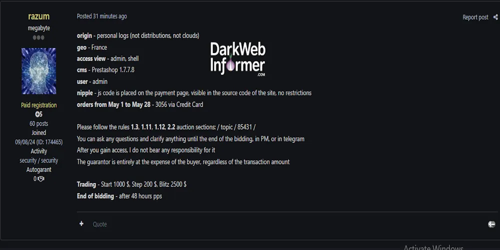 Alleged sale of admin and shell access to an unidentified organization in France