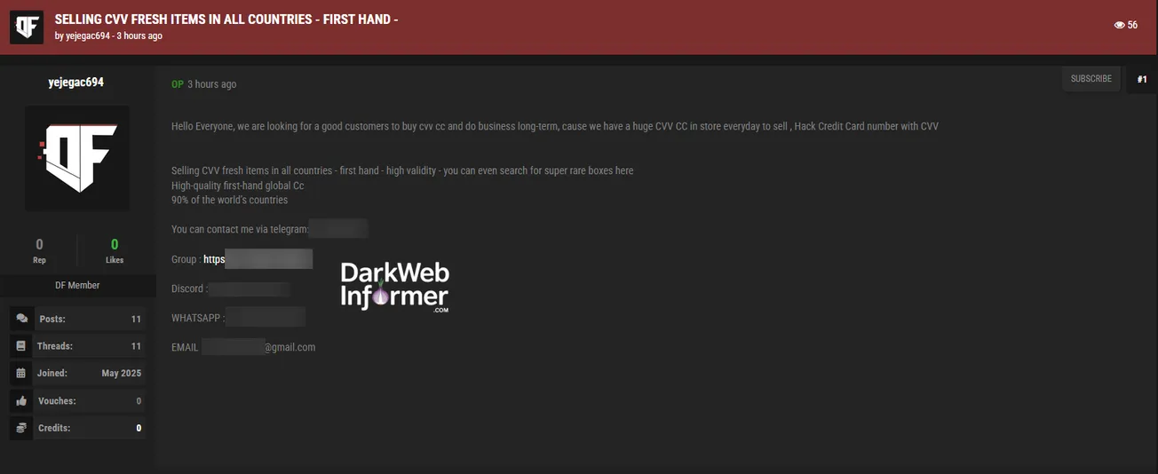 Alleged Sale of Credit Card CVVs from Multiple Countries