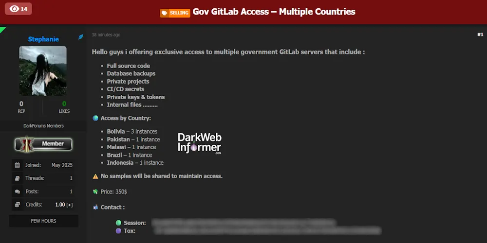Alleged Sale of Unauthorized Access to Multiple Government GitLab Servers
