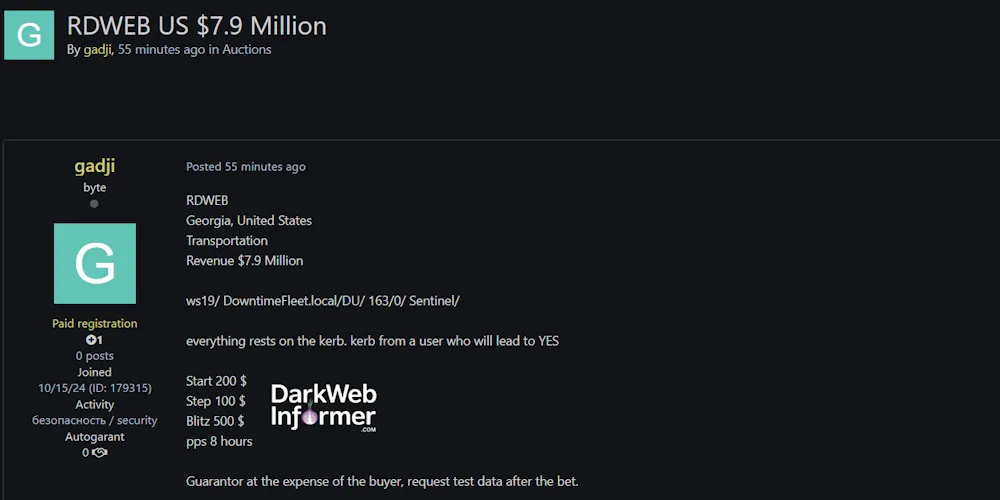 Alleged Sale of RDWeb Access to a Unidentified USA Company