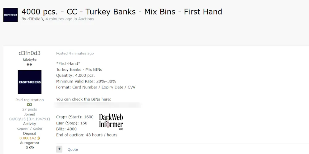 Alleged Sale of Credit Card Data from Turkish Banks
