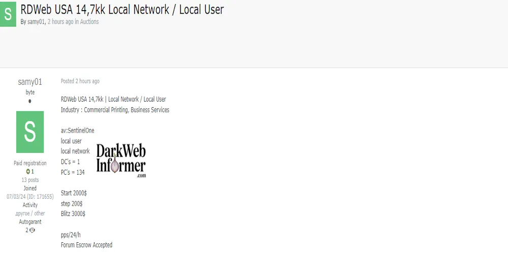 Alleged Sale of Unauthorized Access to an Unknown Company in the USA