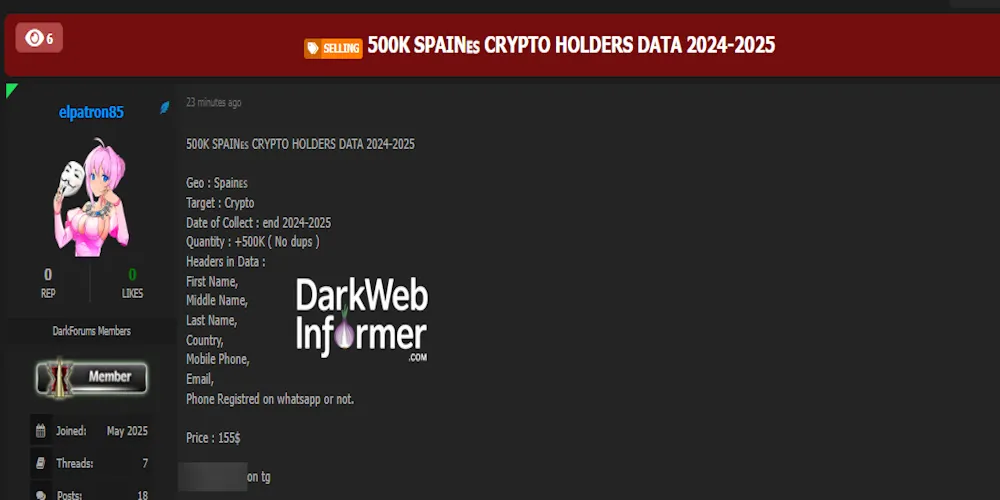 Alleged Sale of Data of 500,000 Crypto Users in Spain