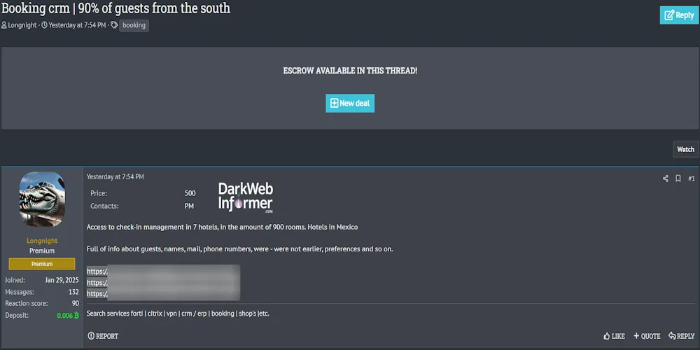 Alleged Sale of Booking CRM Access to 7 Unidentified Hotels in Mexico