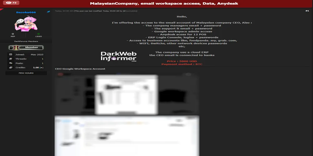 Alleged Sale of Unauthorized Access to an Unidentified Malaysian Company