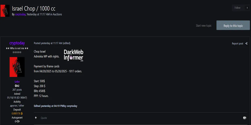 Alleged Sale of Unauthorized Admin Access to an Unidentified WordPress E-Commerce Platform in Israel