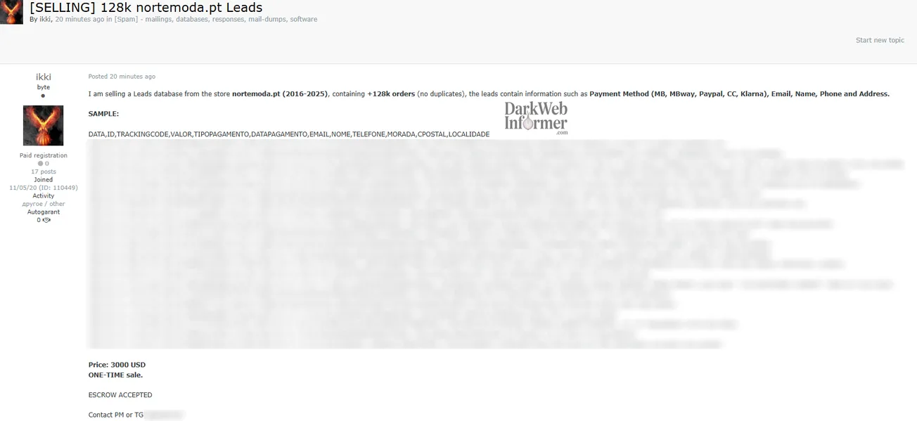 Alleged Sale of Leads Data from Norte Moda