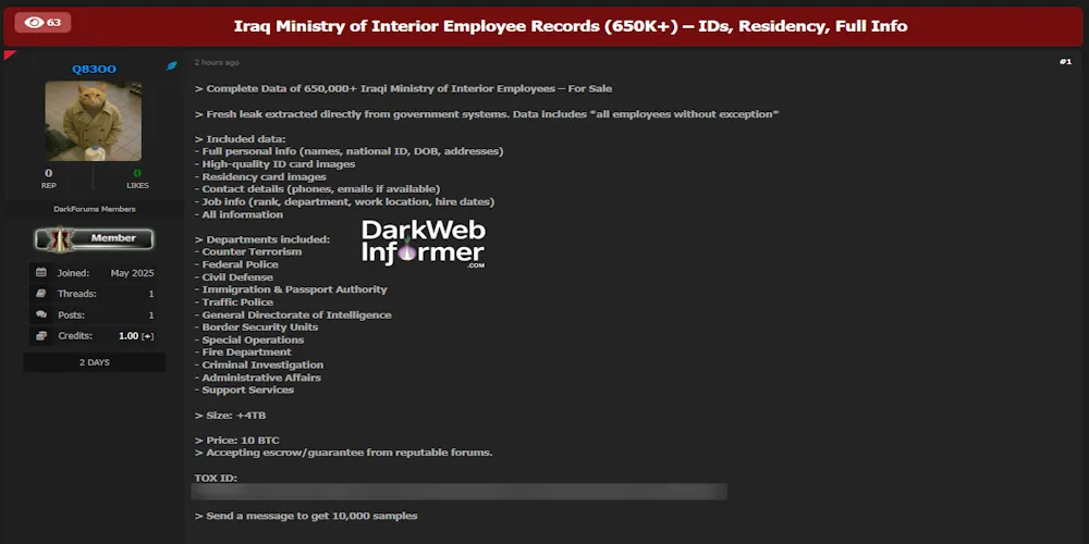 Alleged Sale of Data from Ministry of Interior, Iraq