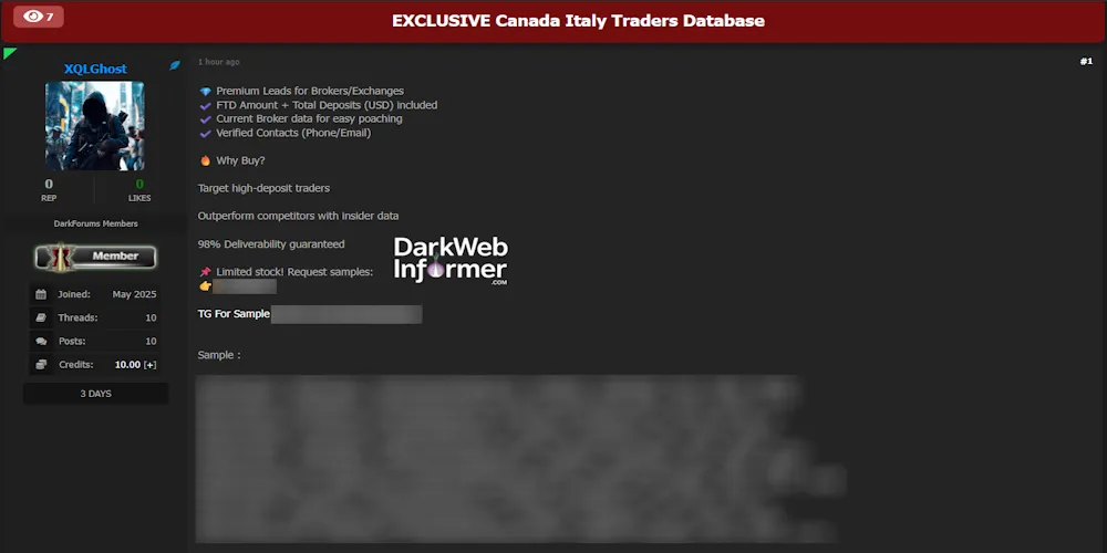 Alleged Sale of Trader Data from Canada and Italy