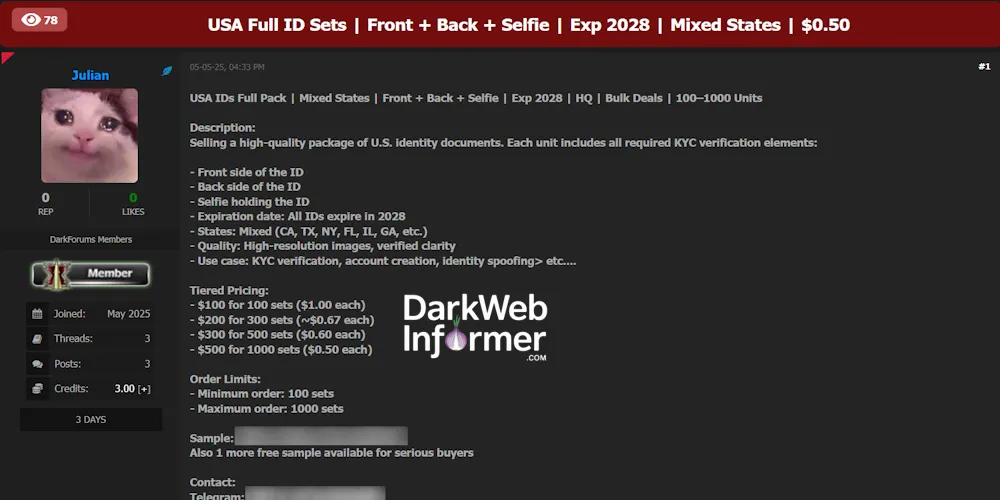 Alleged Sale of US Identity Documents from Multiple States