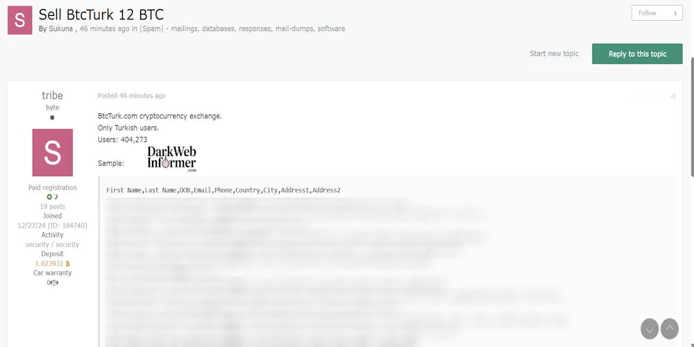 Alleged Data for Sale of BtcTurk