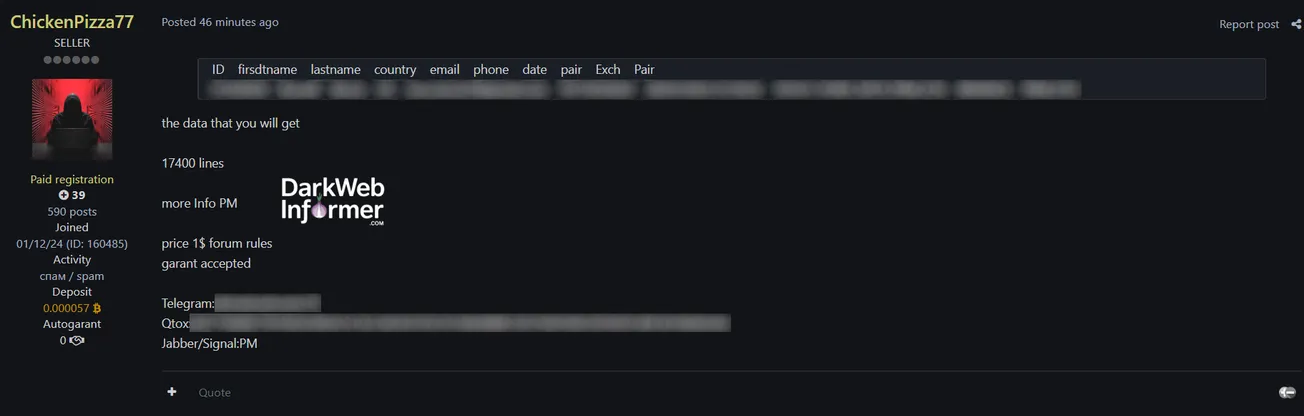 Alleged Sale of Binance Customer Information from USA