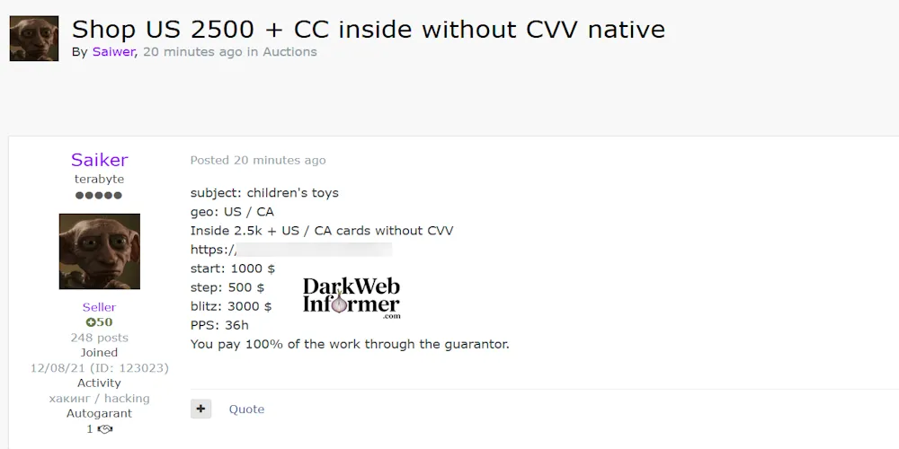 Alleged Sale of Credit Card Records from USA and Canada