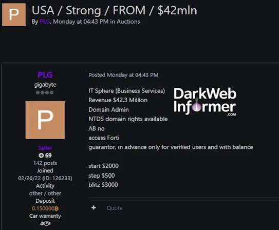 Alleged Sale of FortiVPN Access to an Unidentified Business Services Company in USA