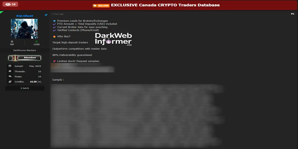 Alleged Sale of Crypto Traders Data from Canada