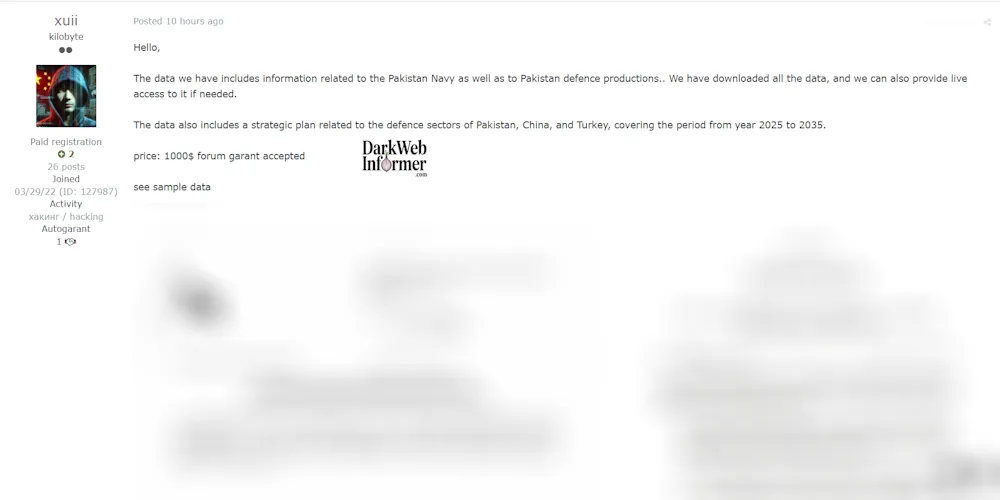 Alleged Sale of Confidential Pakistan Defense Production Data, Including Strategic Plans with China and Turkey