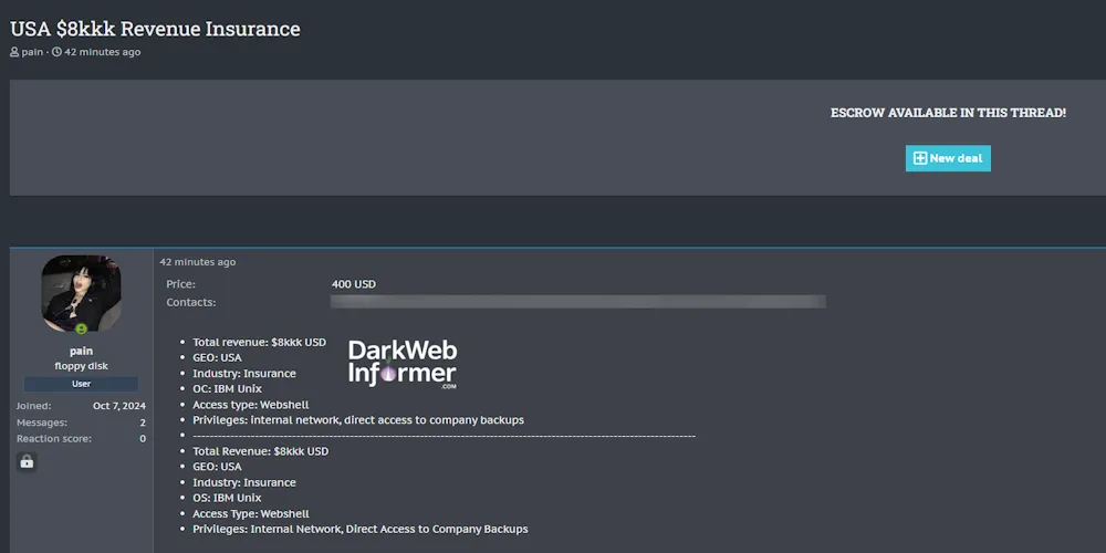 Alleged Sale to Unidentified $8 Billion Insurance Company in USA