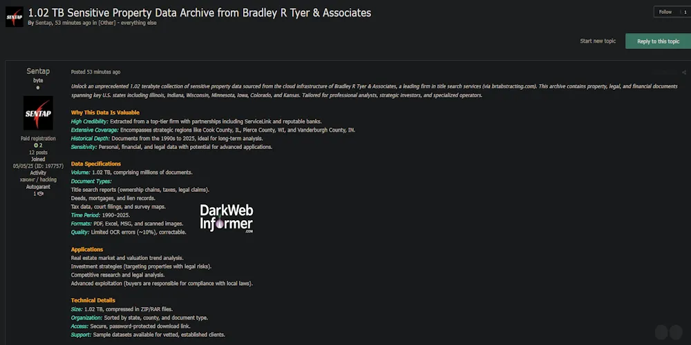 Alleged Data for Sale of Bradley R. Tyer & Associates