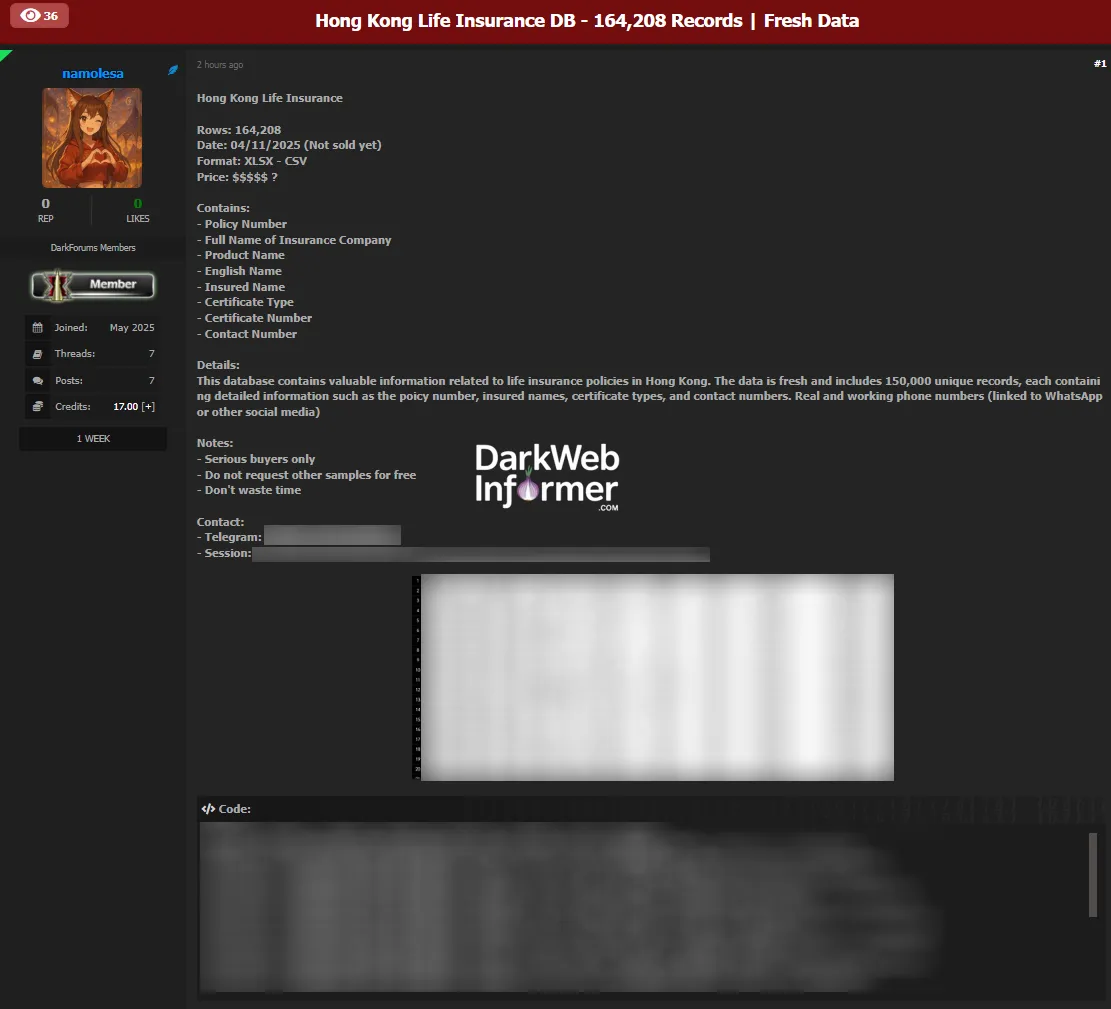 Alleged Data Breach of an Unidentified Company in Hong Kong