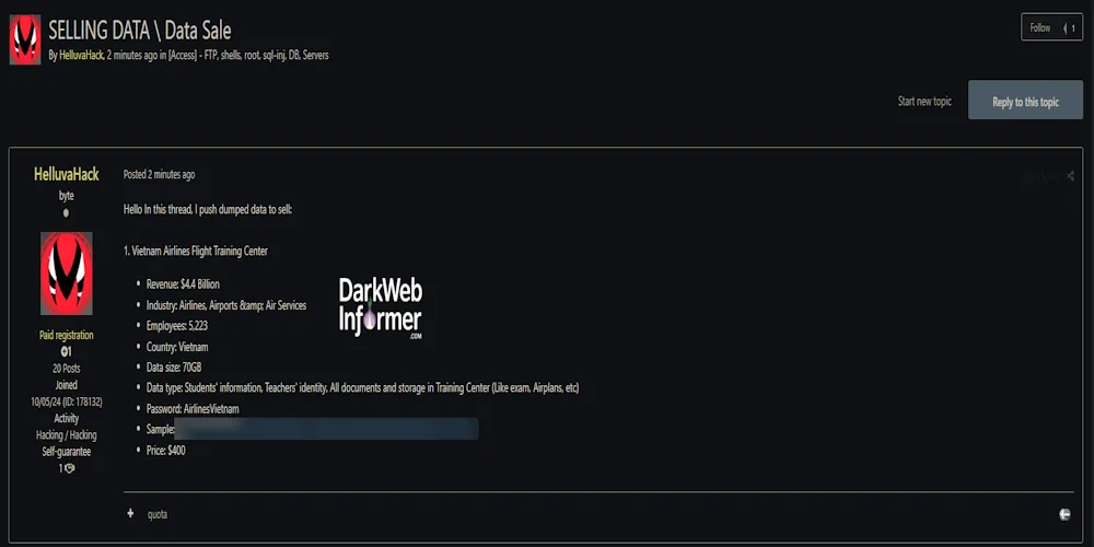 Alleged Sale of Data from Vietnam Airlines Flight Training Center