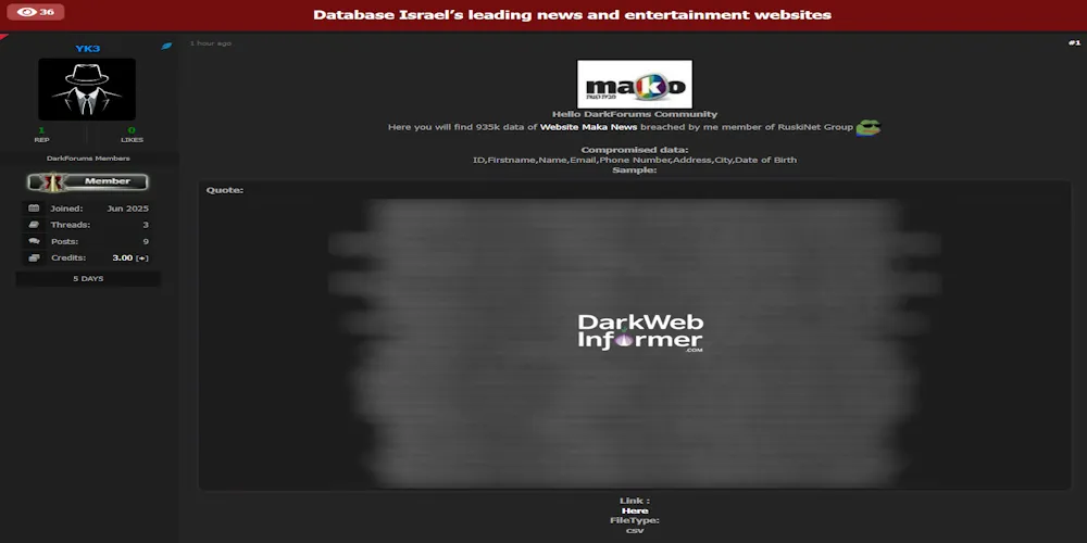 Alleged Data Breach of Mako News and Entertainment Platform