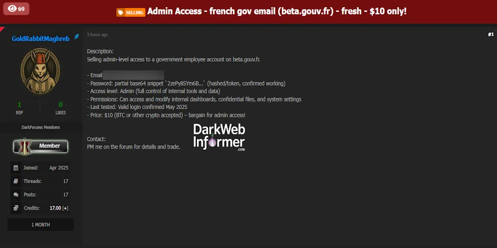 Alleged sale of Admin access of beta[.gouv[.fr, Government Email Breach for $10