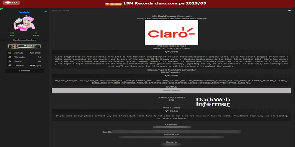 Alleged data breach of Claro – 15.4 Million Customer Records Breached