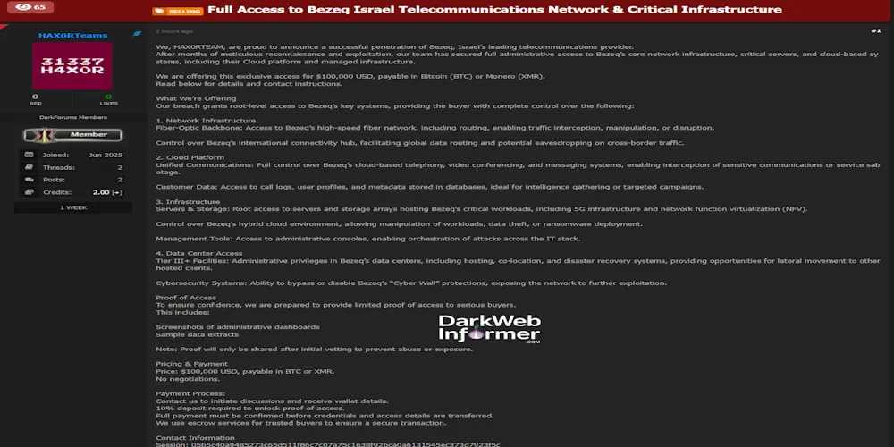 Alleged Sale of Admin Access to Bezeq Israel’s Telecommunications Infrastructure