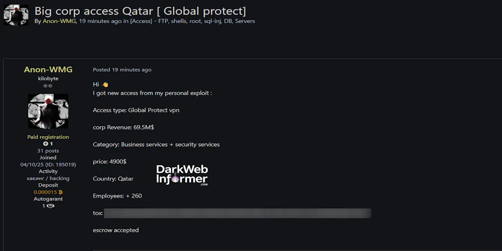 Alleged Sale of VPN Access to an Unidentified Business and Security Services Organization in Qatar