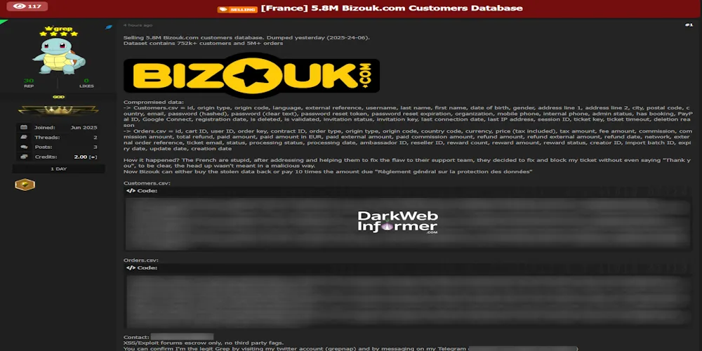 Alleged Data Sale of Bizouk.com