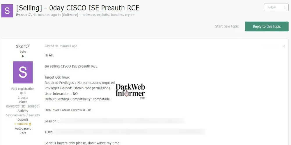 Alleged sale of Cisco ISE Pre-auth Remote Code Execution (0day) Exploit