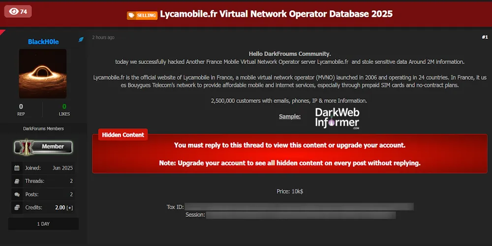 Alleged data breach of Lyca Mobile France – 2.5 Million Customer Records for Sale