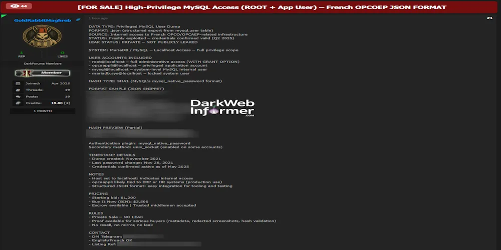 Alleged sale of admin access to Opco EP – Root & Application-Level MySQL Credentials