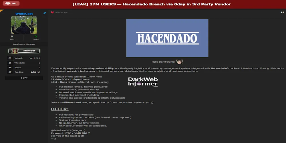 Alleged breach of Hacendado via 0-day in third-party vendor – 27M User Records Exposed