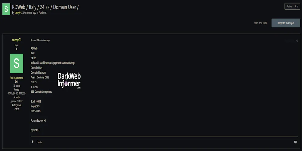 Alleged Sale of RDWeb Access to Italian Industrial Machinery Firm