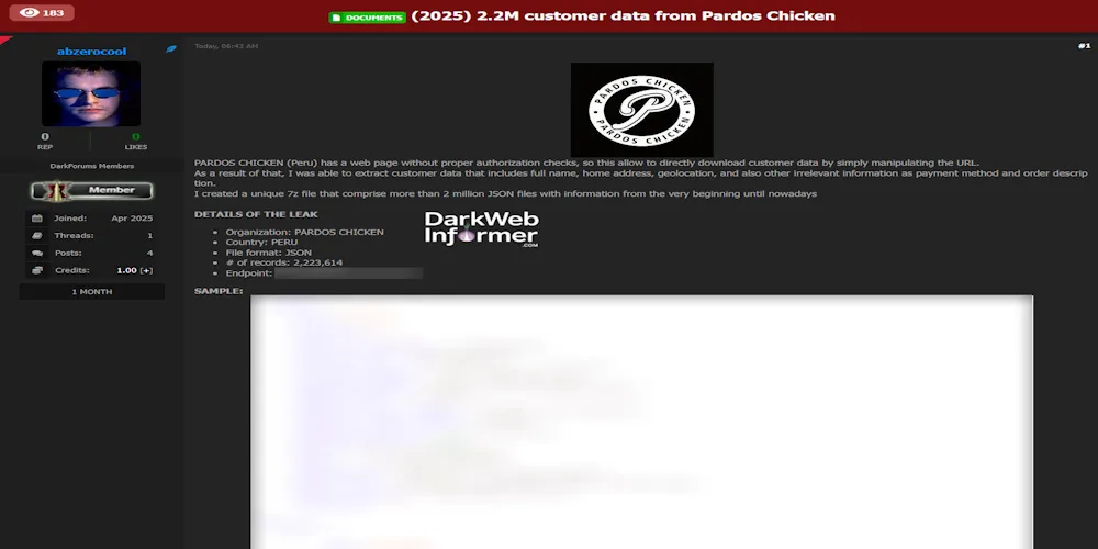 Alleged data leak of Pardos Chicken – 2.2 Million Customer Orders and Delivery Records Exposed