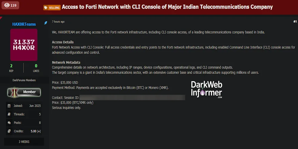 Alleged Sale of Access to an Unidentified Major Indian Telecom Provider
