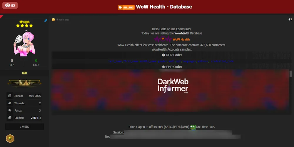 Alleged sale of WoW Health database – 423,650 Customer Records Exposed