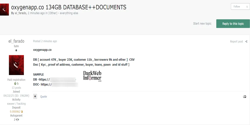 Alleged data breach of Oxygen – 134GB of Financial and Identity Documents Leaked