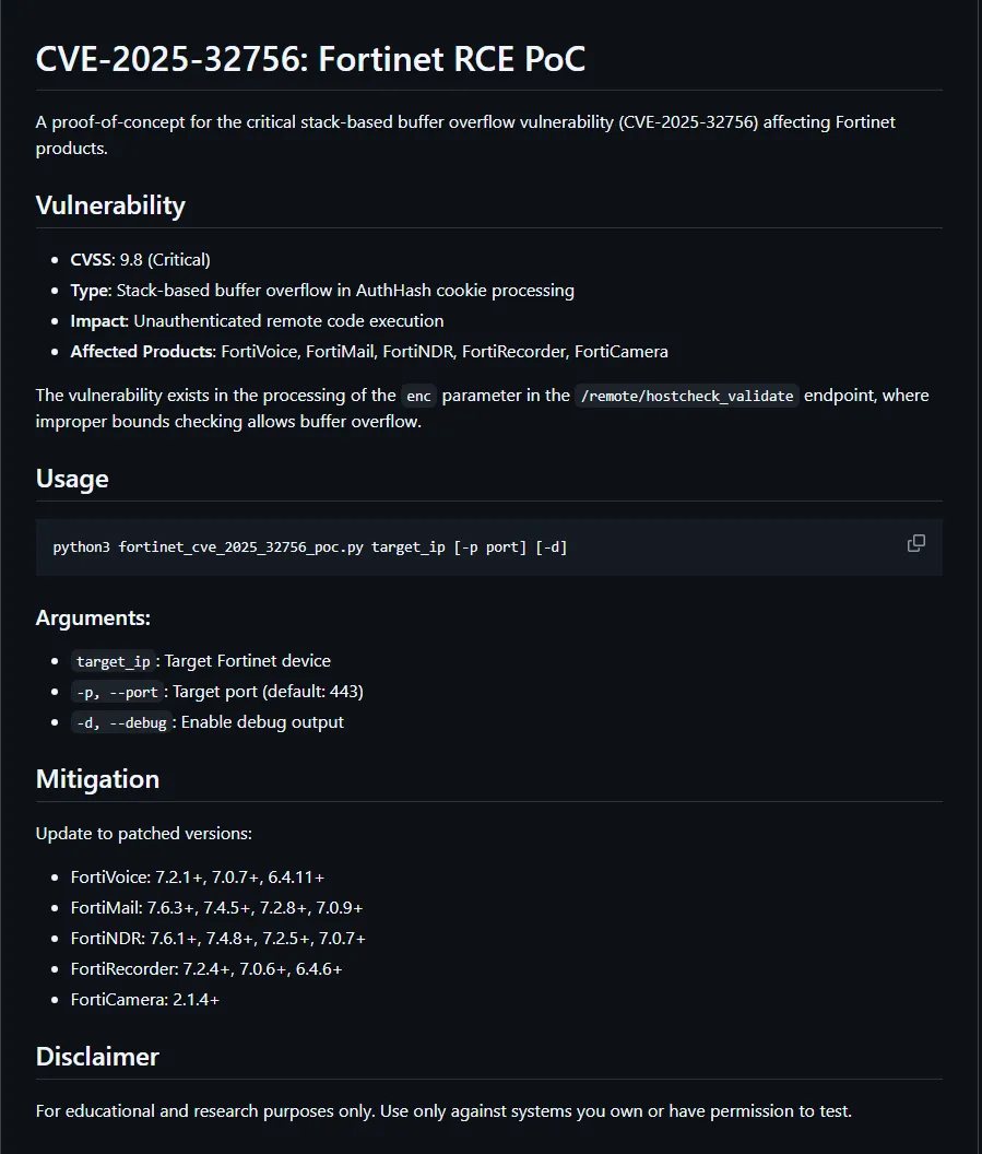CVE-2025-32756 Proof of Concept: A critical stack-based buffer overflow vulnerability affecting multiple Fortinet products