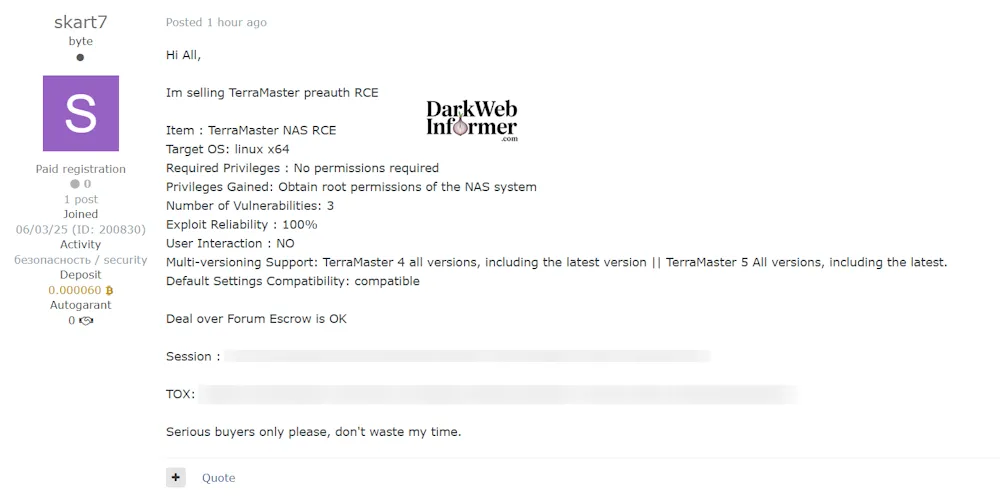 Alleged sale of 0-day vulnerability affecting TerraMaster NAS – Pre-Auth Remote Code Execution