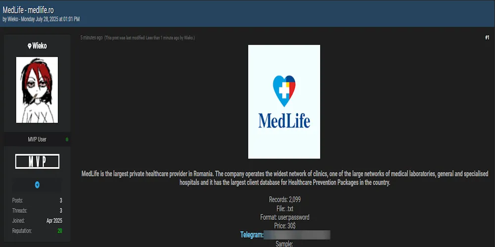 Alleged Data Sale of MedLife S.A.