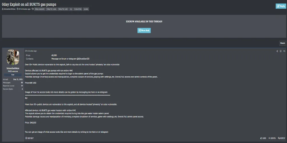 Alleged Sale of Zero-Day Exploit Targeting BUKTS Gas Pump Admin Panels